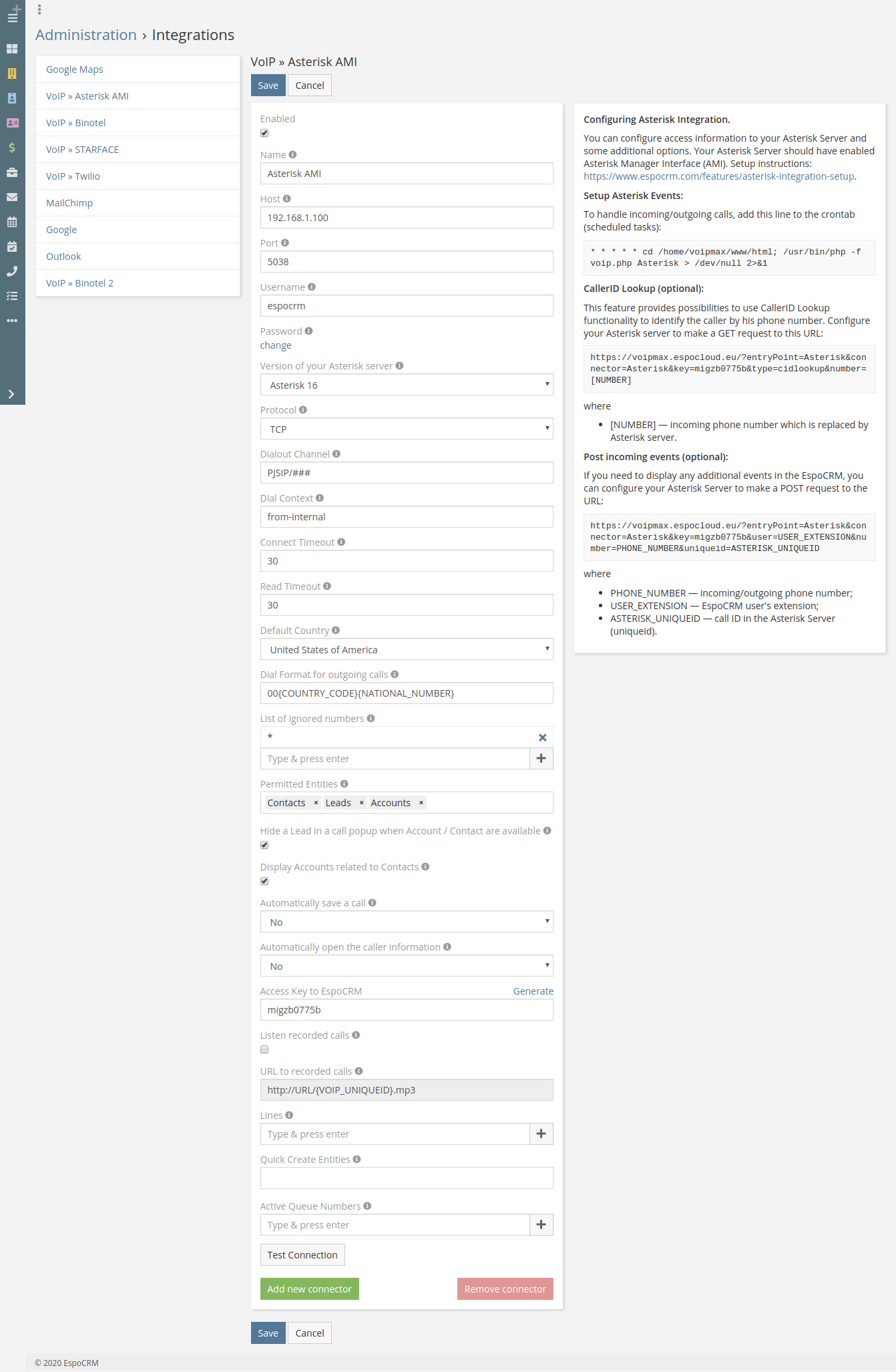 Asterisk integration config