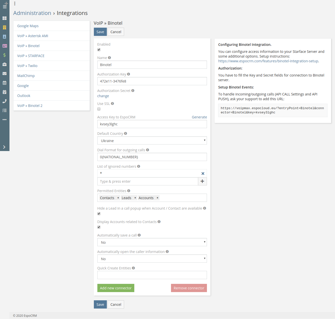 Binotel integration config