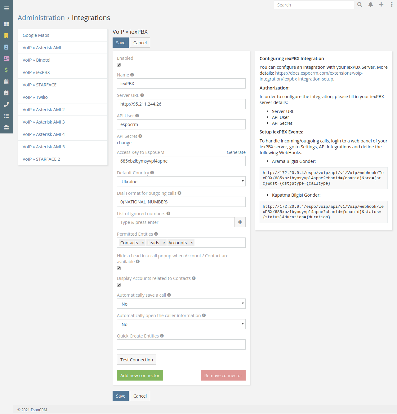 iexPBX integration config
