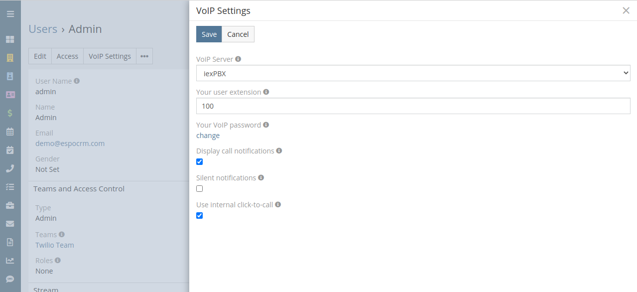 iexPBX User settings