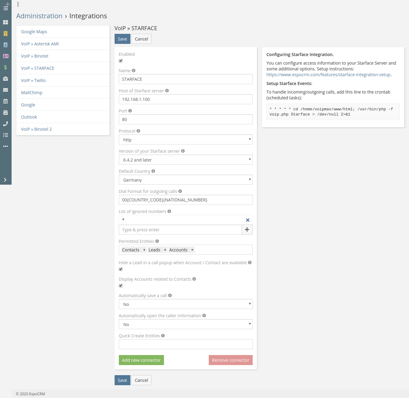Starface integration config