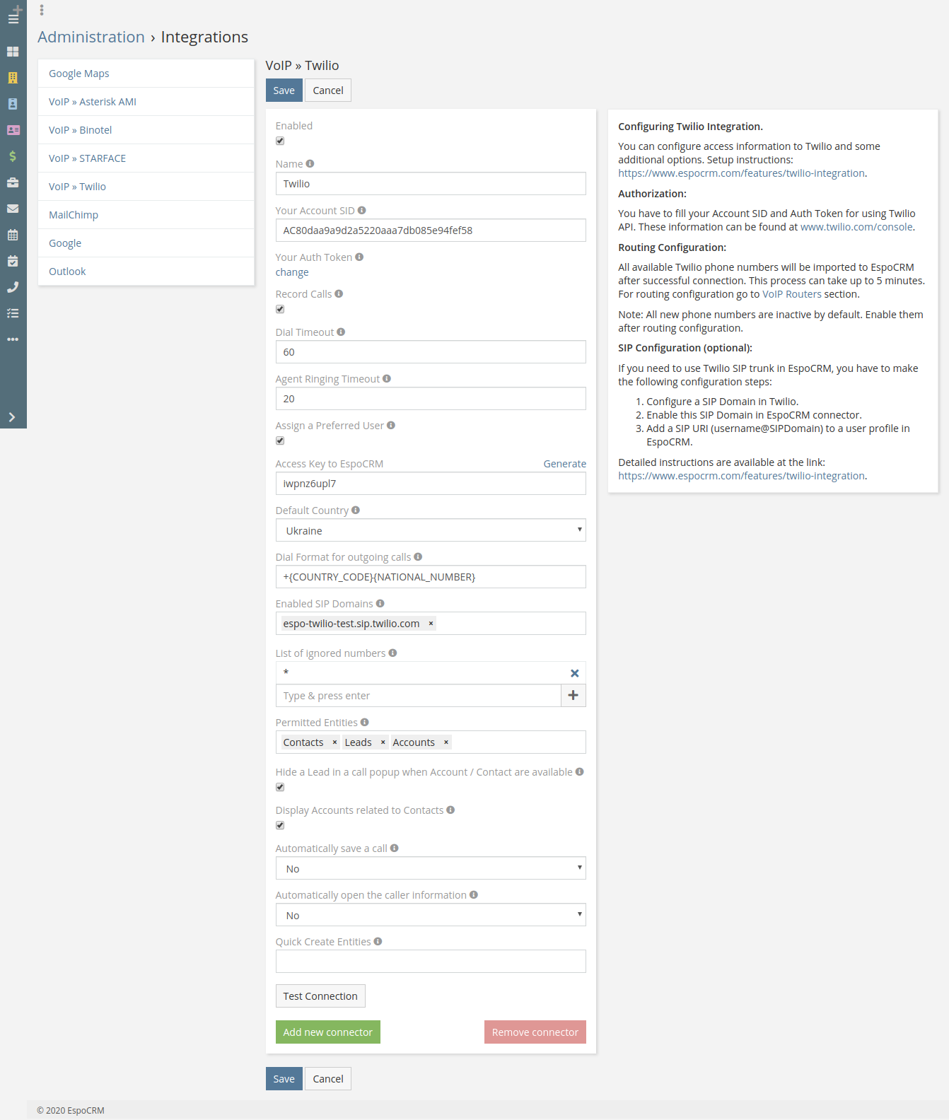 Twilio integration config