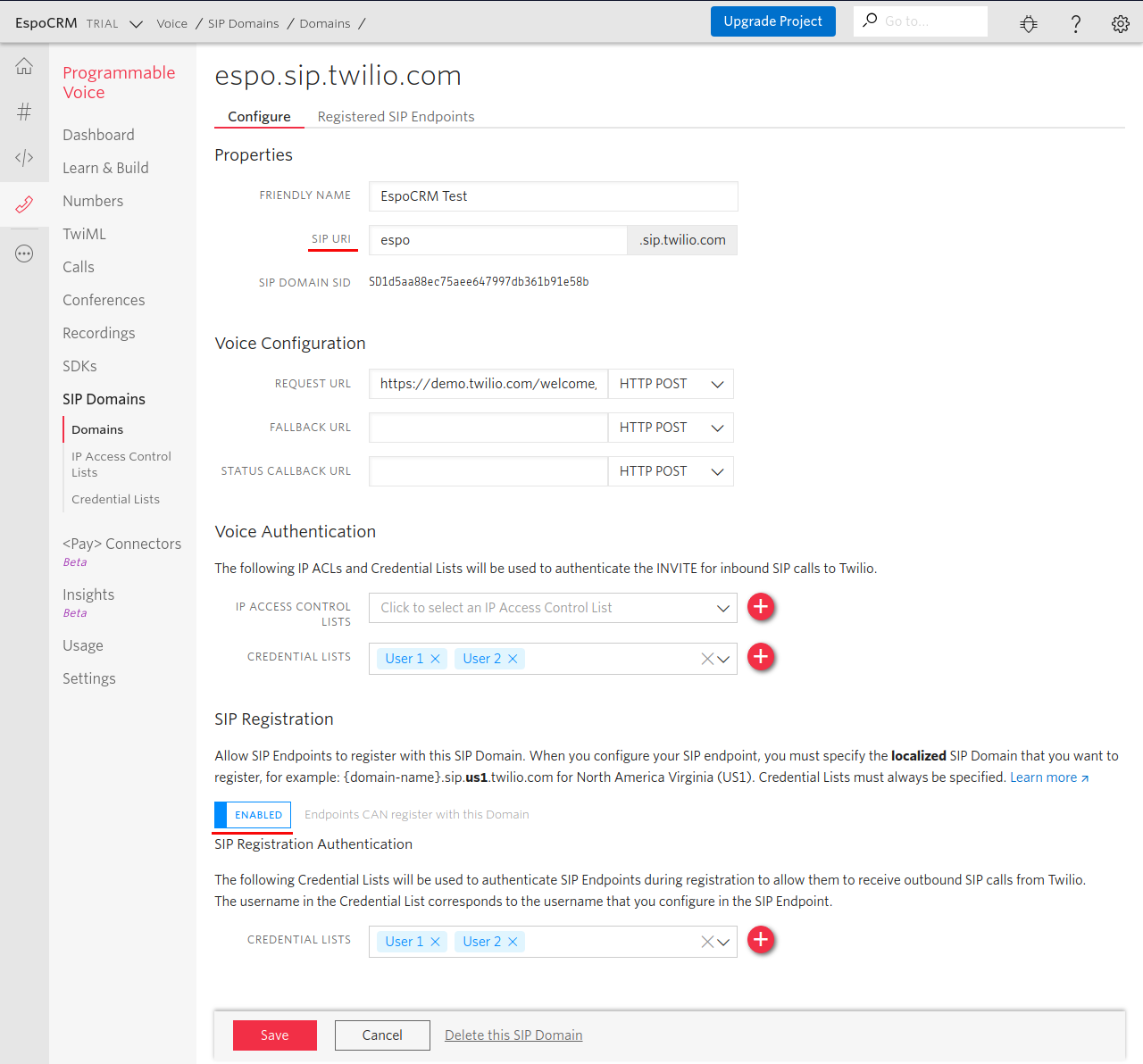 Twilio SIP configuration